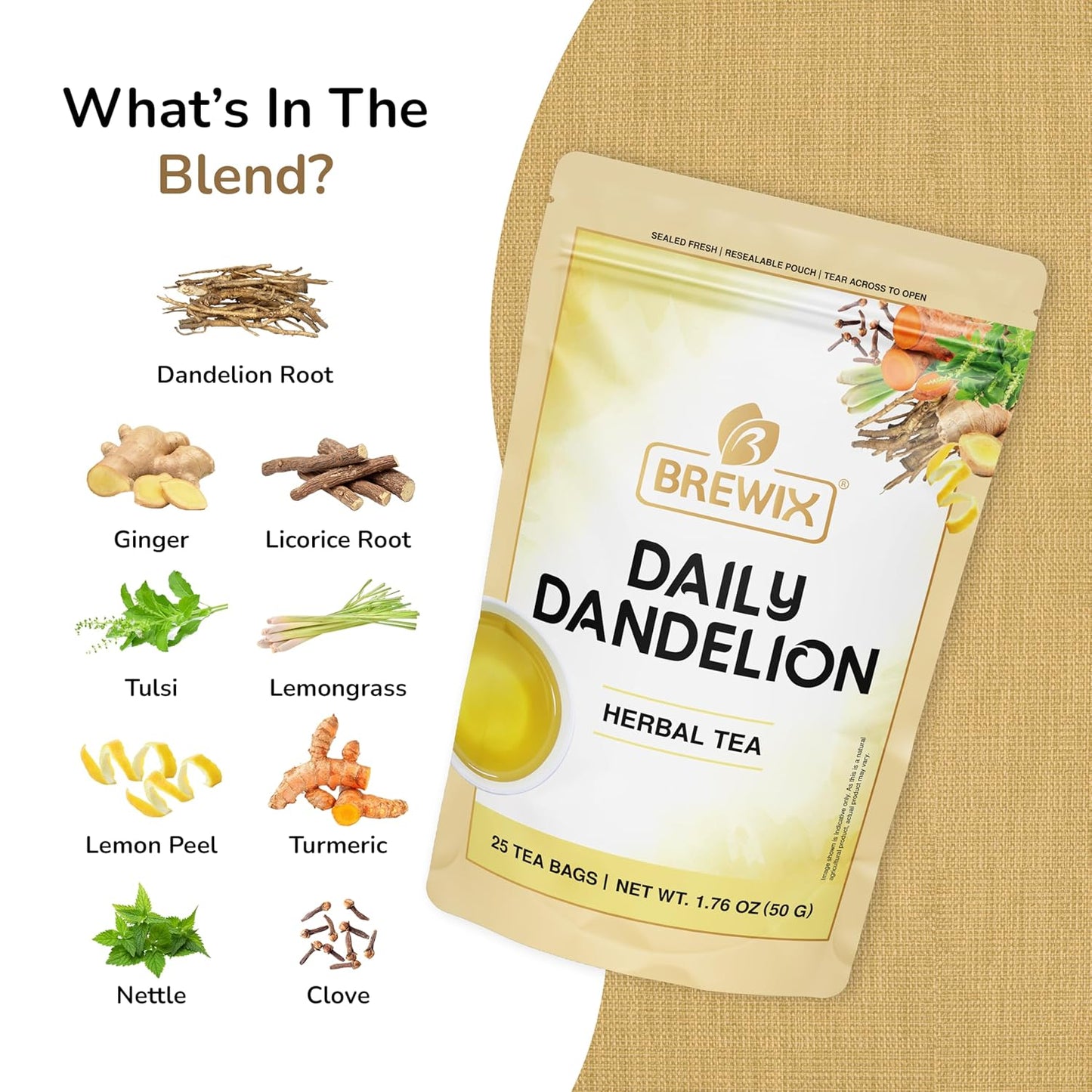 BREWIX, Dandelion Root Detox Tea (25 Pyramid Tea Bags) Caffeine-Free Herbal Blend with Ginger, Tulsi & Turmeric | Supports Liver Health & Gentle Cleanse | Natural & Refreshing | Direct from Source