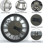 HOIBAI Vintage Industrial Wall Clock, 24 Inch, Rustic Natural Wood, Moving Gears - Image 6