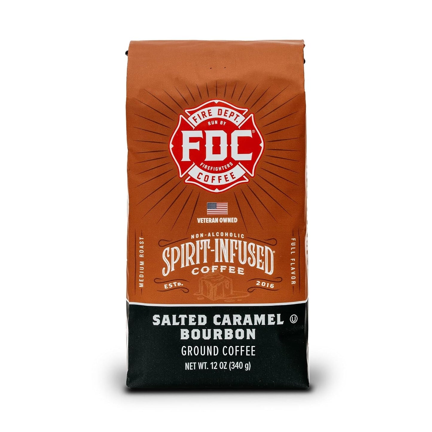 Fire Department Coffee - Salted Caramel Bourbon Coffee - Gives Back to Firefighters - Premium Bourbon Infused - Ground Medium Roast - Non-Alcoholic - Roasted in the USA - Veteran Owned - 12 oz