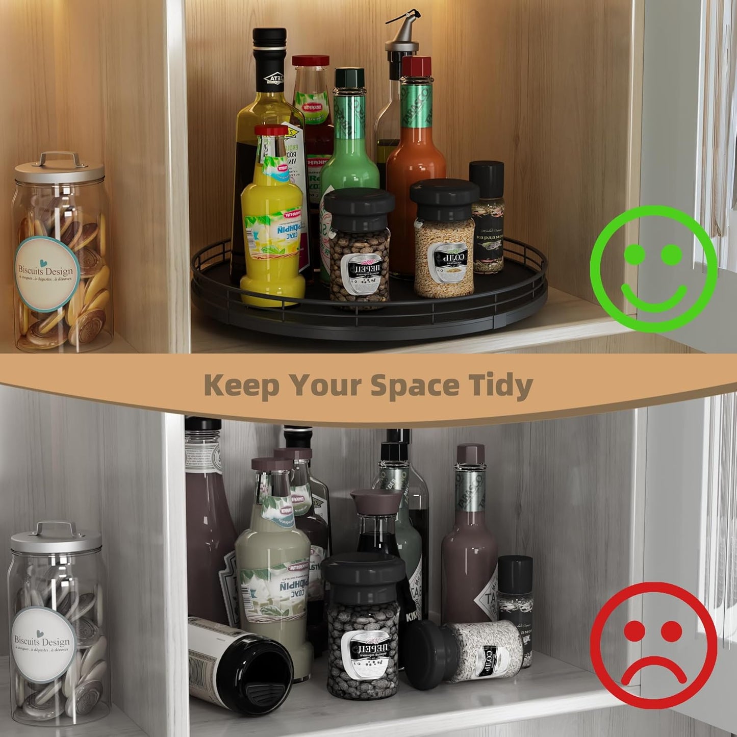 13" Lazy Susan Turntable Organizer for Table Top, Round Wooden Lazy Susan for Cabinet Kitchen Decor Centerpieces Coffee Table, Storage Condiments Spices, Bathroom Vanity Tray for Soap, Black