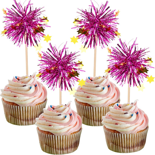 30 PCS Foil Firework Cupcake Toppers Happy Birthday Star Cupcake Picks Sparkle Tinsel Drink Stirrers Cocktail Fruit Toothpicks for Valentine's Day Wedding Birthday Party Decorations Supplies Purple