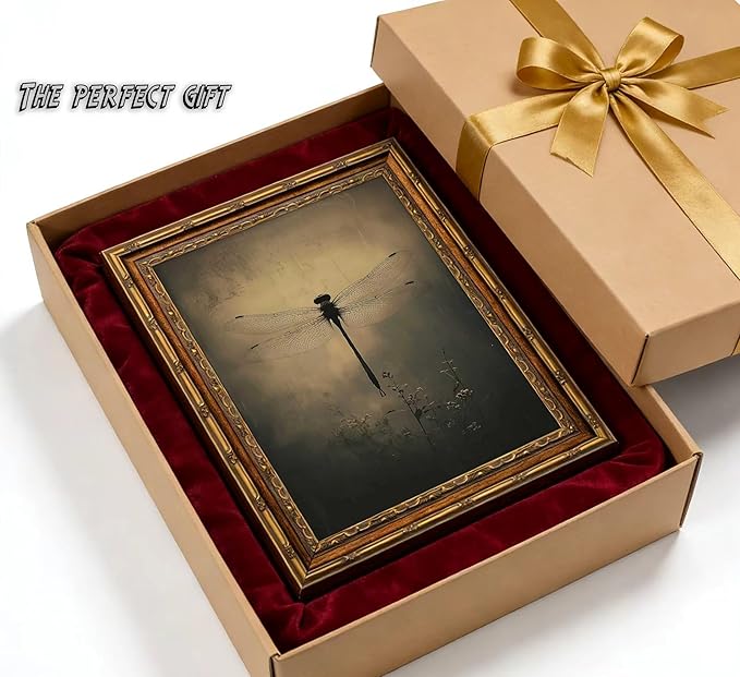 Vintage Gold Framed Wall Art Retro Dark Dragonfly Painting Canvas Prints Gothic - Image 8