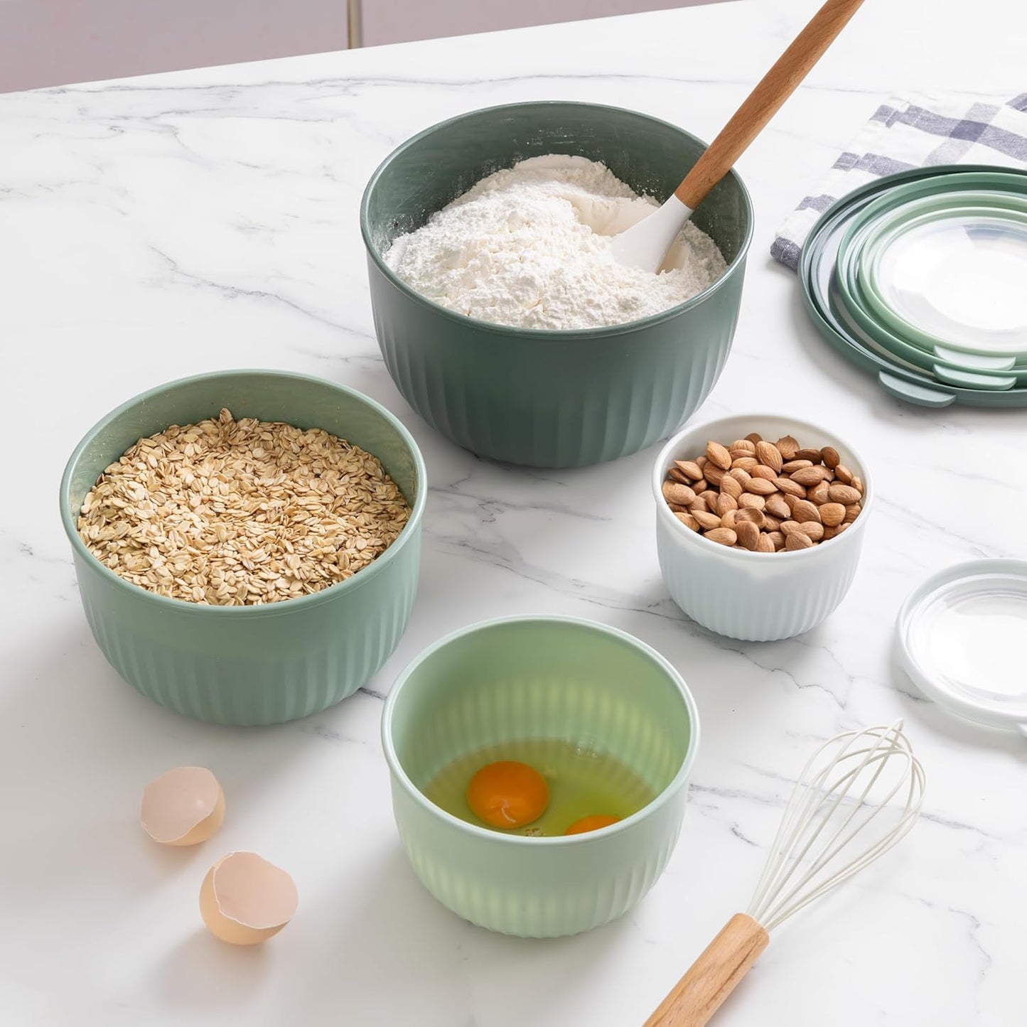 COOK WITH COLOR Prep Bowls with Lids- Wide and Deep Nesting Plastic Small Mixing Bowl Set with Lids, 8 Piece Set - Deep Bowls, Sage