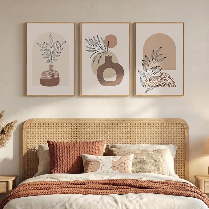 Framed Neutral Boho Wall Art Bedroom, 3 Piece Abstract Bohemian Brown Botanical - Image 4