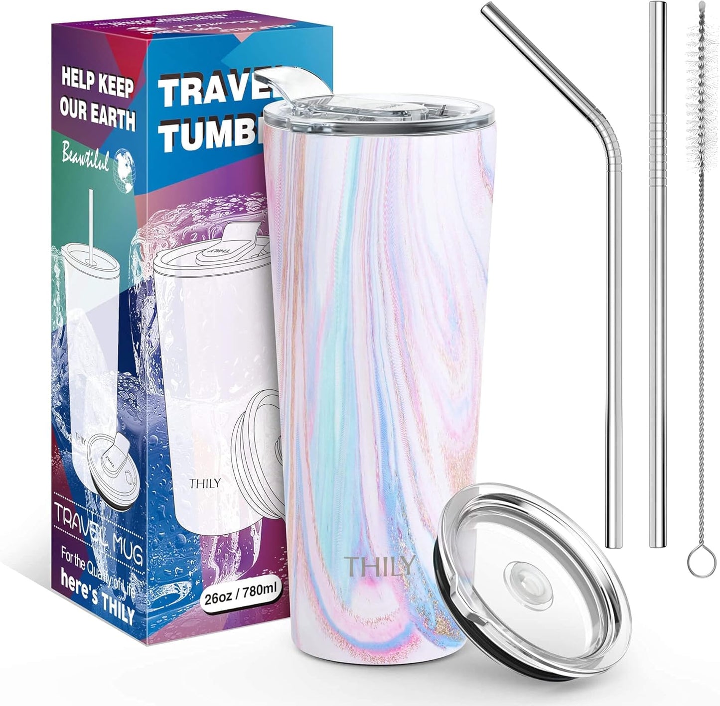 THILY Tumbler Stainless Steel Coffee Cup 26 oz Triple-Insulated Travel Mug with Splash-Proof Lid, for Ice Drinks and Hot Beverage Smoothies Cup, Pink Ripple