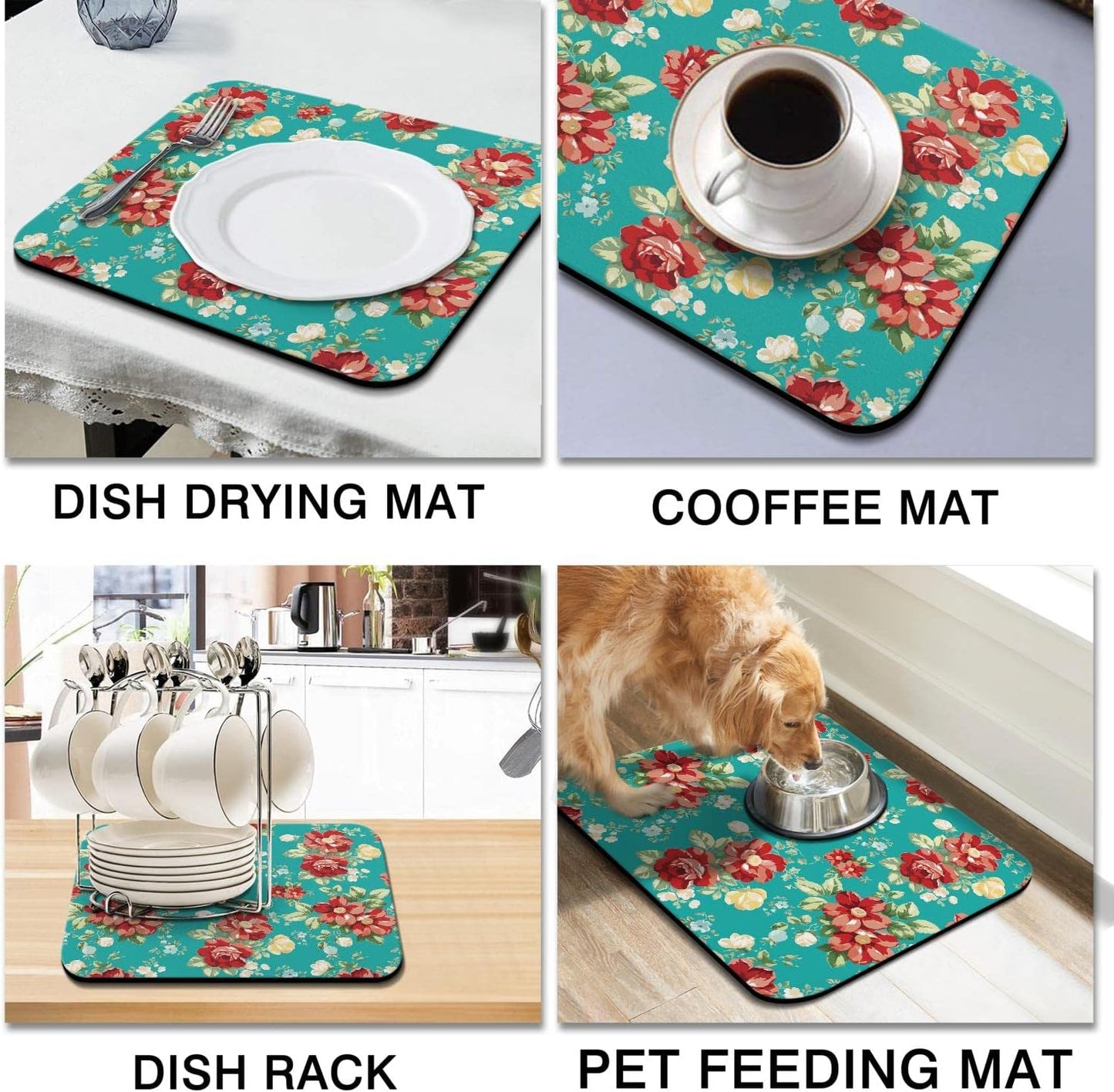 Rubber Dish Drying Mat for Kitchen Counter Large Boho Flowers Washable Quick Home Coffee Pad Fit Under Sink,Bar,Utensils 16x18in