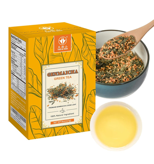 TIAN HU SHAN Genmaicha Green Tea with Roasted Rice, Low Caffeine Genmaicha Tea Loose Leaf 8 Ounce / 226g (Pack of 1)