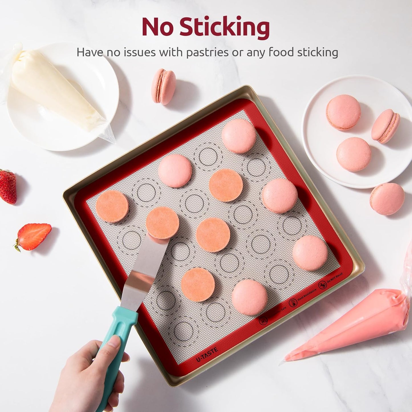 446ºF Heat Resistant Macaron Mat: U-Taste 11x11in Non Stick Silicone Baking Mat, Reusable Cookies Pastry Sheet Liner with Edge Enhancement & Circle Measurement for Square Cake Pan (2 PCS, Red)