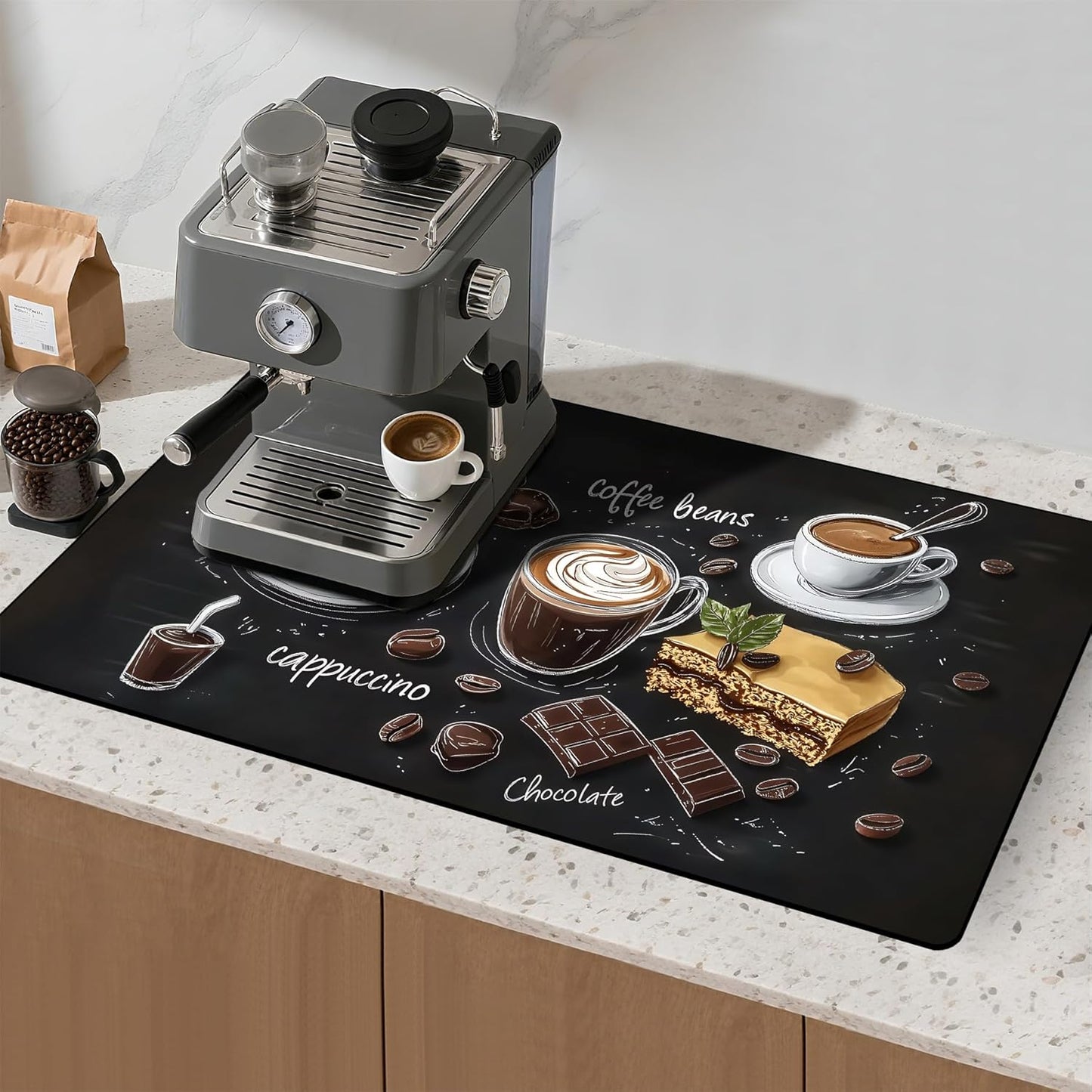 17"x 32" Coffee Bar Mat, Coffee Chocolate Absorbent Dish Drying Mat Cuttable Hide Stain Draining Table Pad for Kitchen Counter, Coffee Bar Accessories