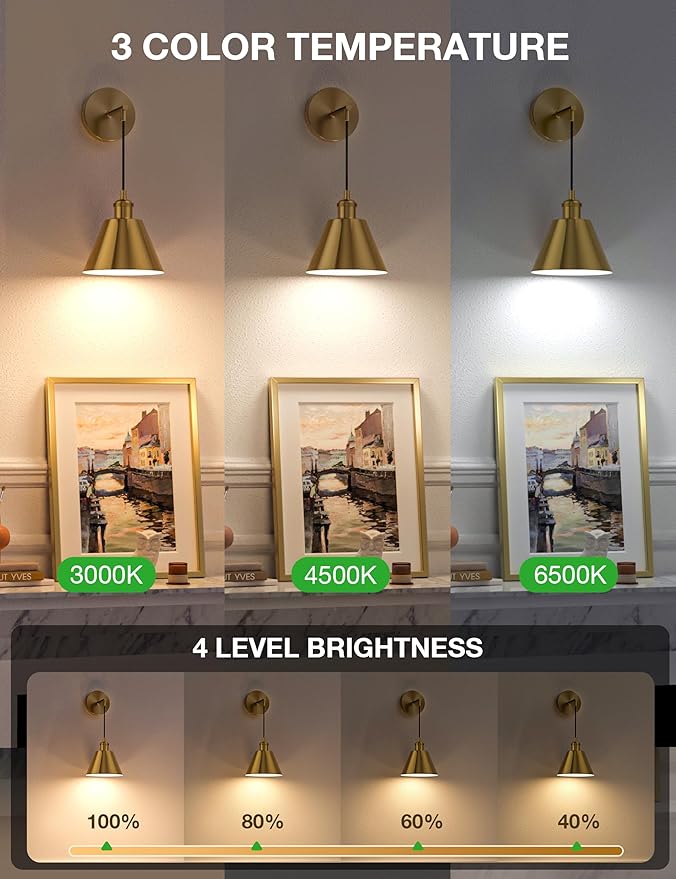 NIORSUN Brushed Gold Battery Operated Wall Sconce Set of 2, 5200mAh Dimmable - Image 2
