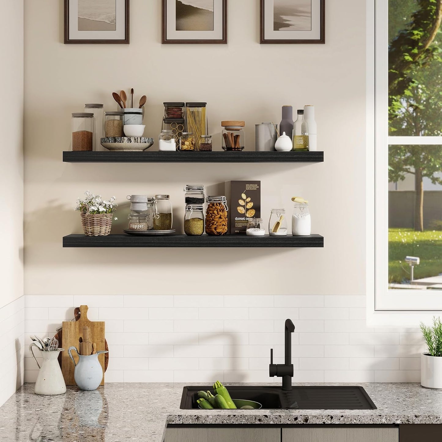 Fun Memories Rustic Real Wood Floating Shelves, 8 Inch Deep Floating Shelf Wall Mounted, 36" W x 8" D Wall Shelves Storage Shelves for Living Room, Bedroom, Bathroom, Black Finish, Set of 2