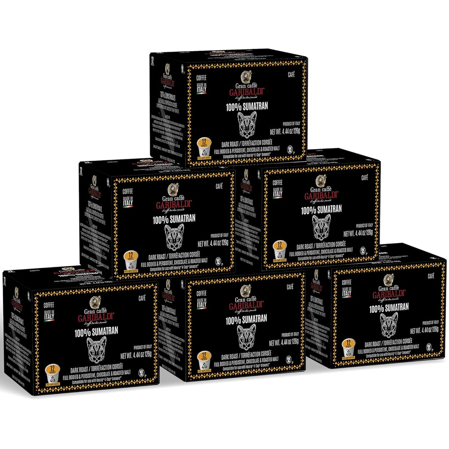 Caffè Garibaldi Sumatran Coffee Pods, Single-Serve Capsules for Keurig K-Cup Brewers with 100% Arabica Blend, Recyclable Pod and Single Serve Cups, 72 Count K-Pods - Dark Roast