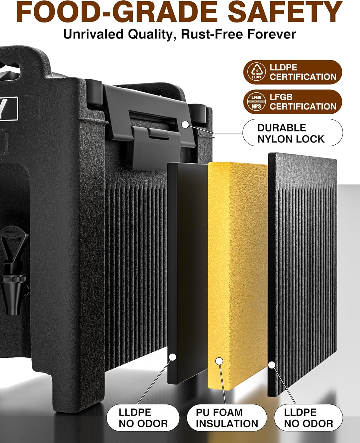 Insulated Beverage Dispenser 2.5 Gallon, Hot and Cold Drink Water Pitcher Coffee Carafe with Spigot Handle and Stand, Commercial Thermal Urn for Chocolate Cocoa Iced Juice Tea Milk Punch Outdoor Party