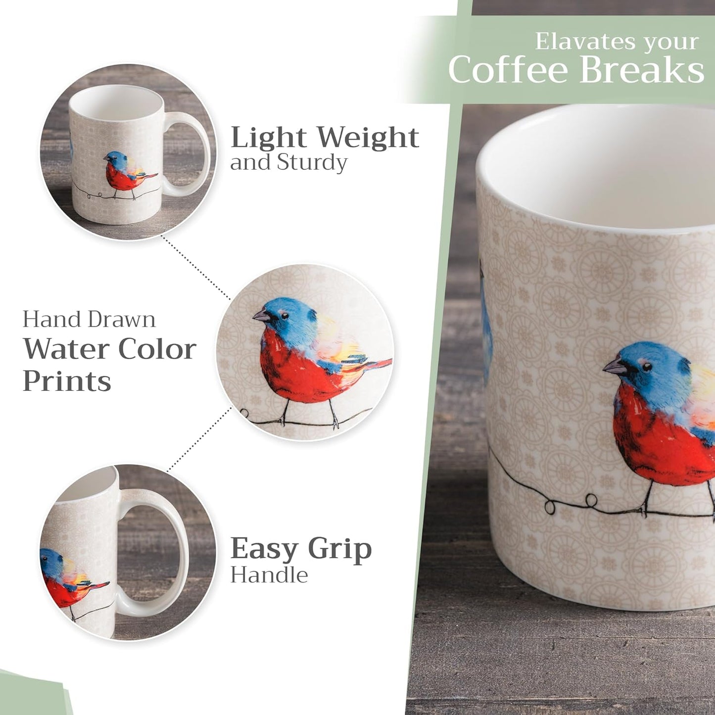Maison d' Hermine Coffee Mug with Handles Fine Bone China Mugs Pack of One Tea Cups for Hot Beverages Cappuccino Latte Home Restaurant Office Perfect for Gift (Birdies On Wire - Robin, 12 Ounce)