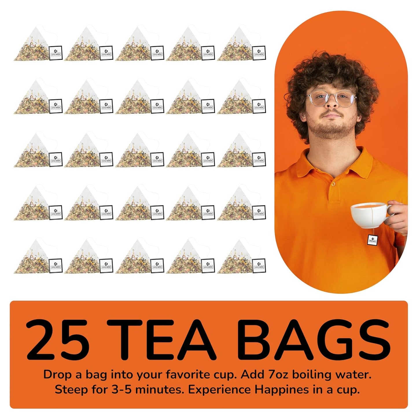 BREWIX, Sweet Orange Hibiscus Tea Bags (25 Pyramid Tea Bags) Caffeine-Free Herbal Tea | Ginger, Hibiscus, Spearmint, Rosehip, Turmeric | Supports Daily Balance & Calm | For Health & Wellbeing | Iced and Hot
