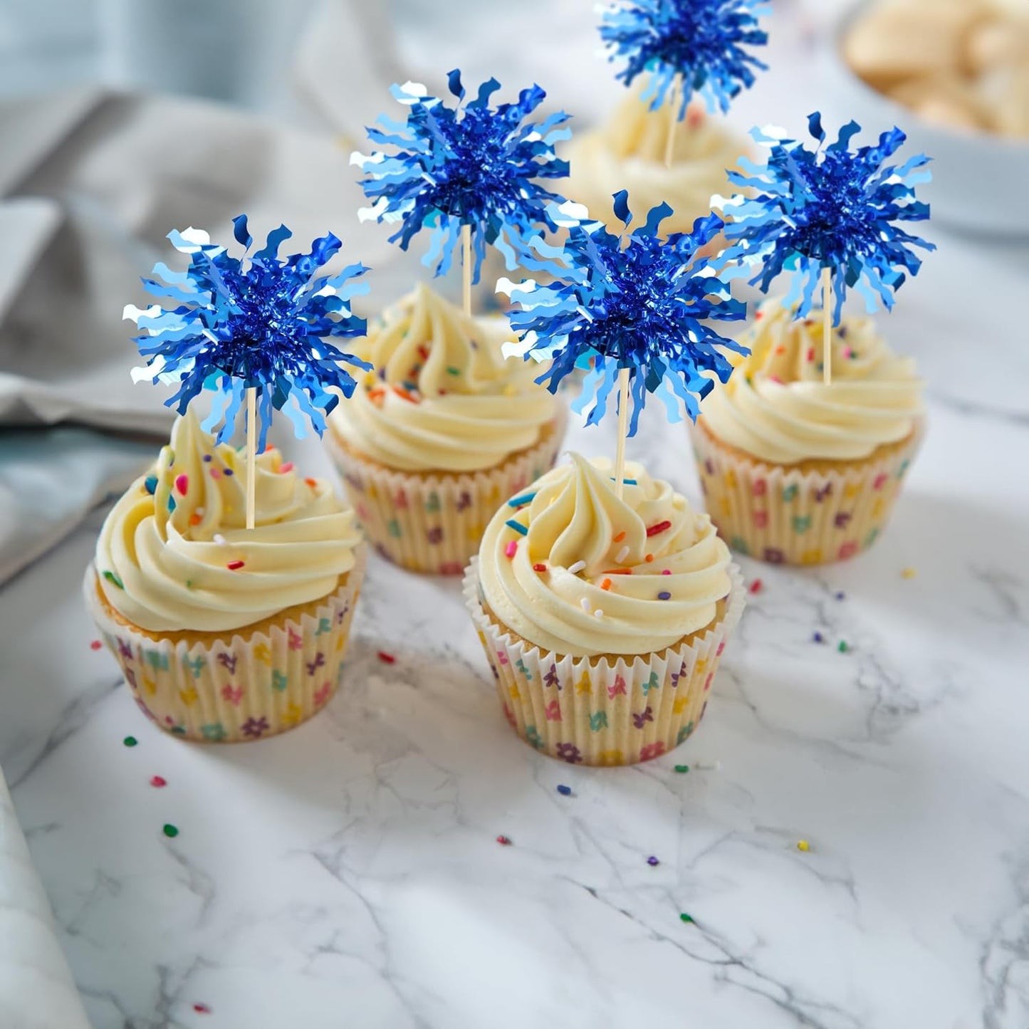 Gyufise 30Pcs Foil Firework Cupcake Toppers Happy Birthday Cake Toppers Sparkle Tinsel Flower Drink Stirrers Cocktail Food Fruit Toothpicks for Valentine's Day Party Supplies Blue