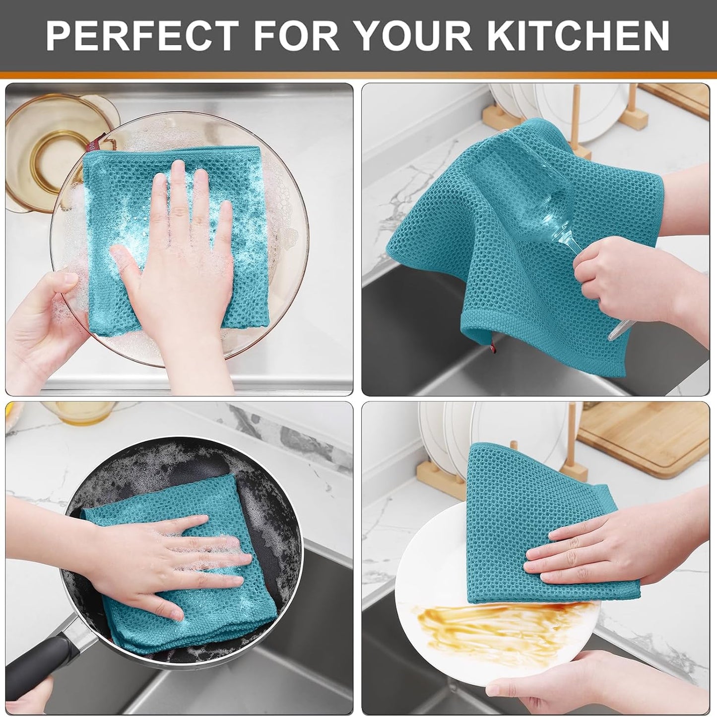 Kitinjoy 100% Cotton Kitchen Dish Cloths (12 X 12 Inches, Lake Blue),6 Pack Waffle Weave Ultra Soft Absorbent Dish Towels for Drying Dishes Quick Drying Kitchen Towels Dish Rags