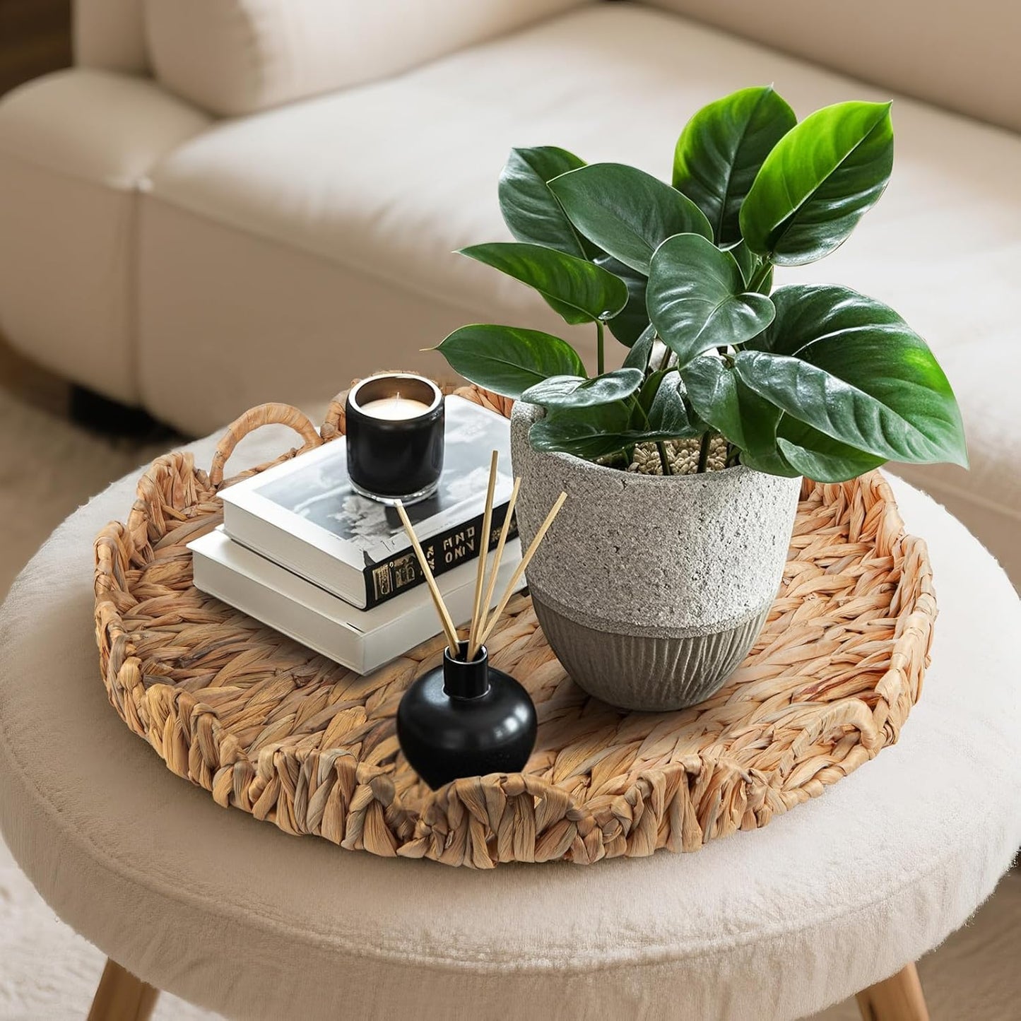 Round Ottoman Tray Large Wicker Serving Tray with Handles for Coffee Table, 20 Inch Handwoven Natural Water Hyacinth Tray Scalloped Edges