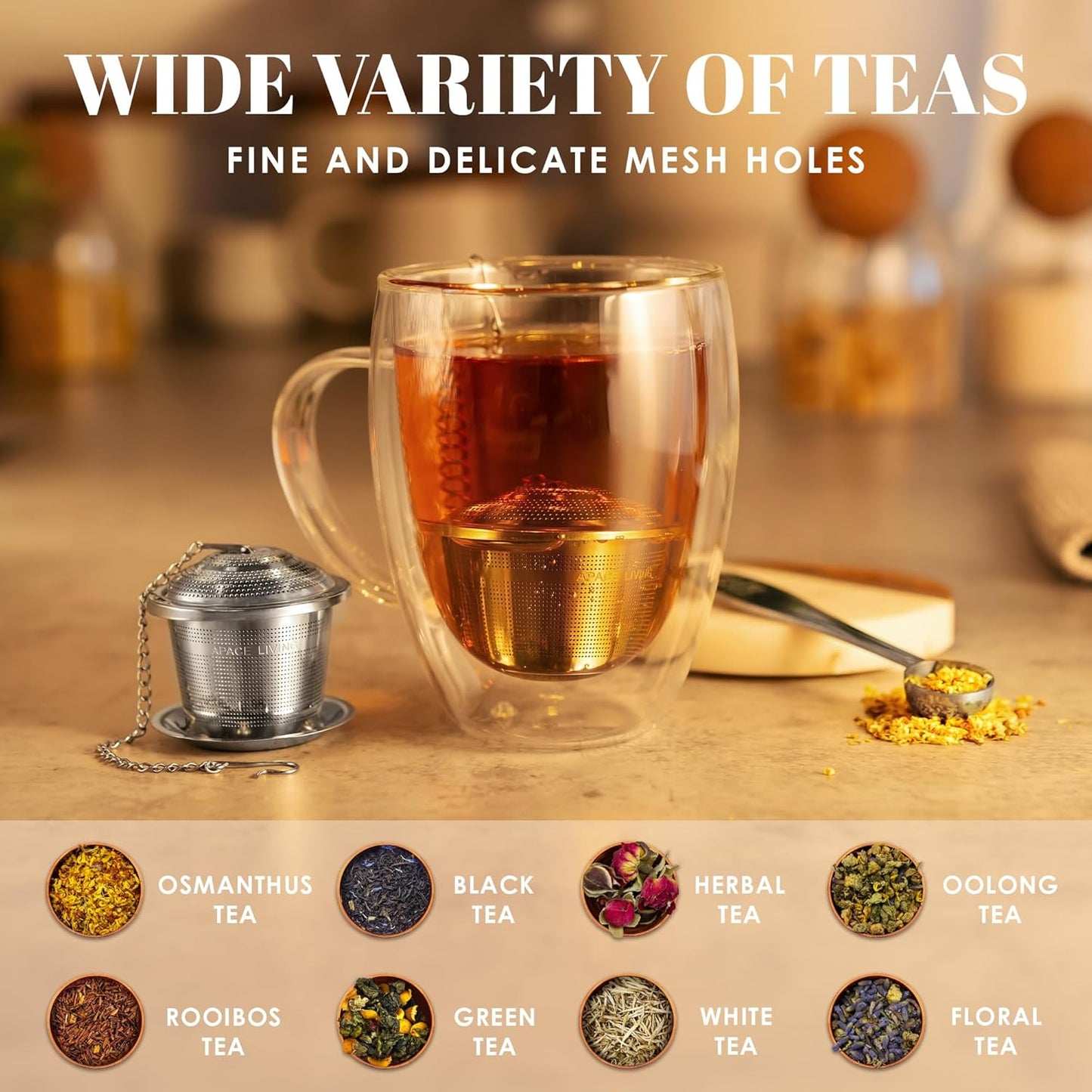 Large Tea Infuser (Set of 2) with Tea Scoop and Drip Trays by Apace – Multi Cup Size Stainless Steel Loose Leaf Tea Strainer and Steeper