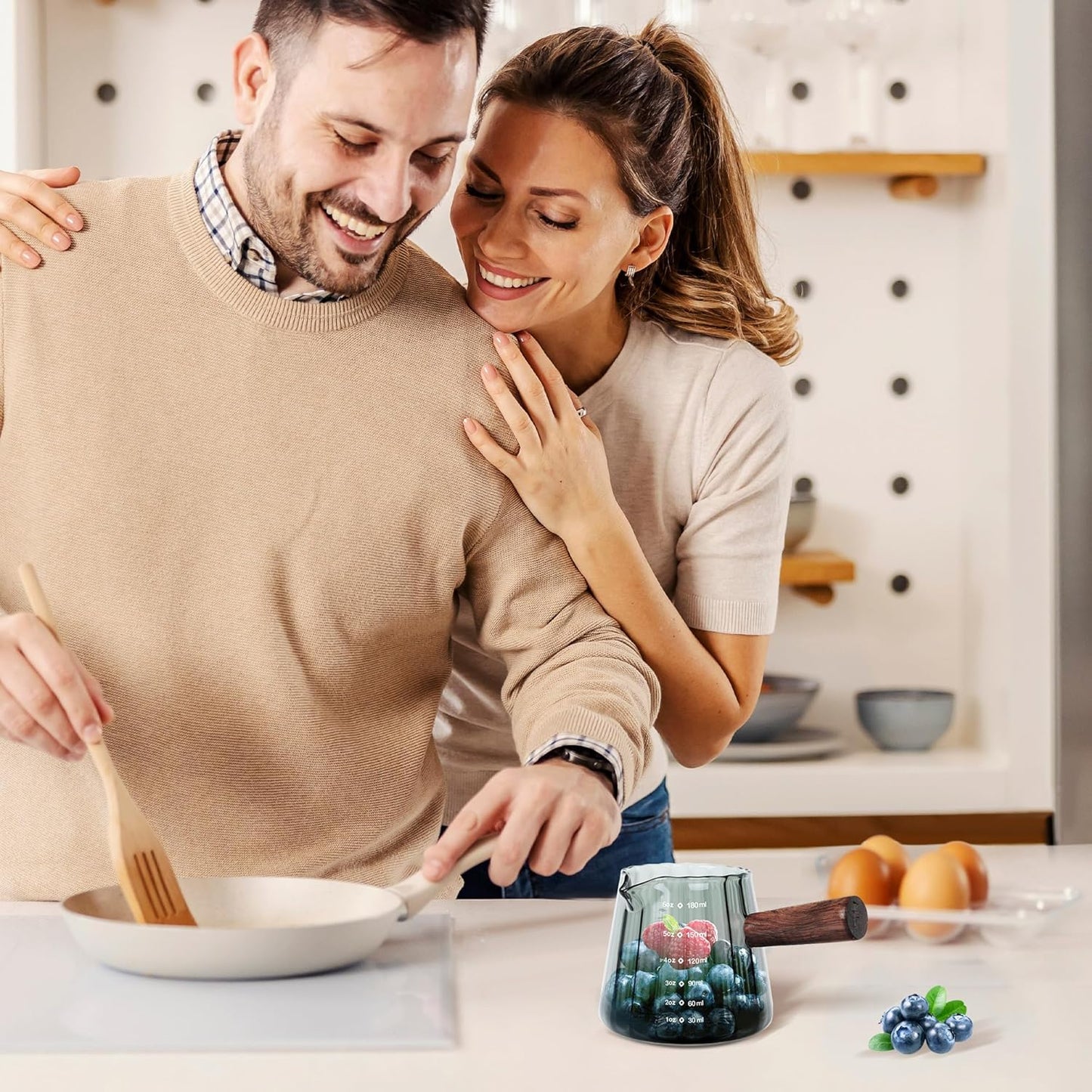 Joeyan 6 oz Grey Glass Measuring Cups with Spout,Borosilicate Glass Triple Pitcher with Scale,Origami Style Espresso Shot Glasses with Wood Handle for Coffee Milk,Dishwasher Safe