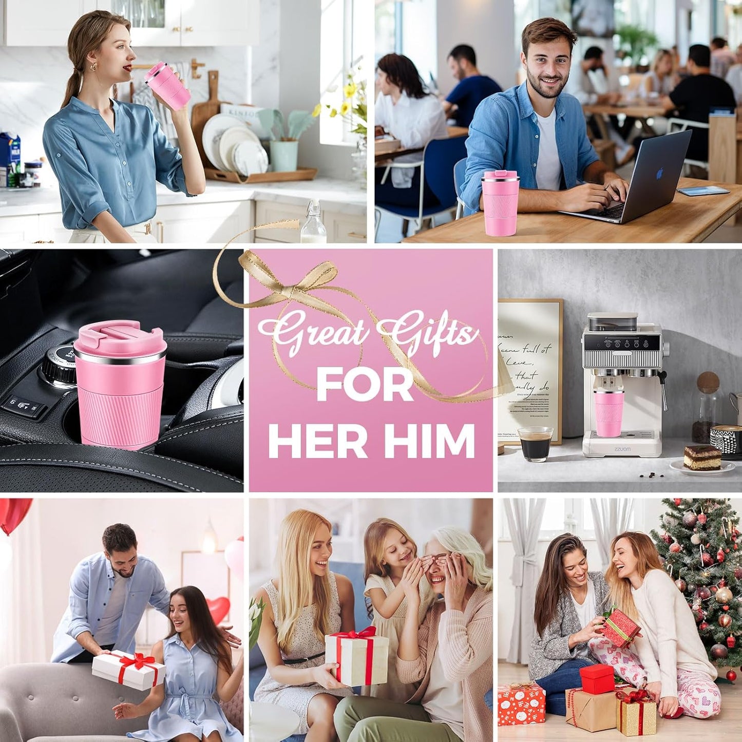 Volhoply 13 oz Stainless Steel Insulated Travel Coffee Mug with Fip Lid Bulk 2 Pack,Reusable Double Wall Vacuum Metal Coffee Cup,Portable Leak Proof Thermal Tumbler for Hot & Cold Drinks(Pink,2)