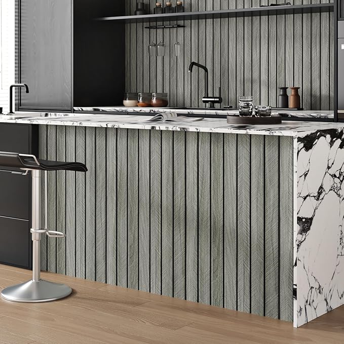 Grey Wood Grain Slat Panels for Interior Wall Decor 197"x23.6" Peel and Stick - Image 4