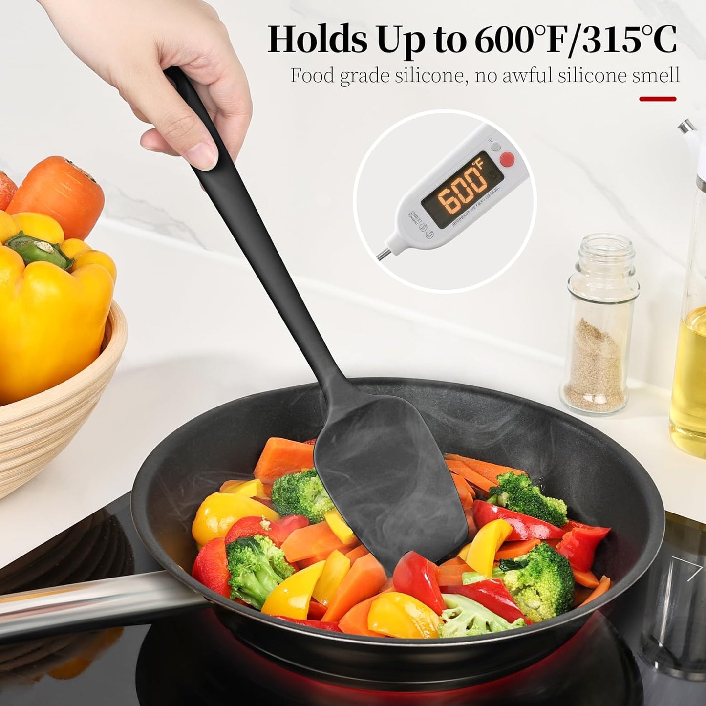 600ºF Heat Resistant Spatulas, High Heat Food Safe Semless Kitchen Silicone Scraper Set for Cooking Baking Mixing Scraping Stirring Nonstick Cookware Pan Bowl (4Pcs,Black)