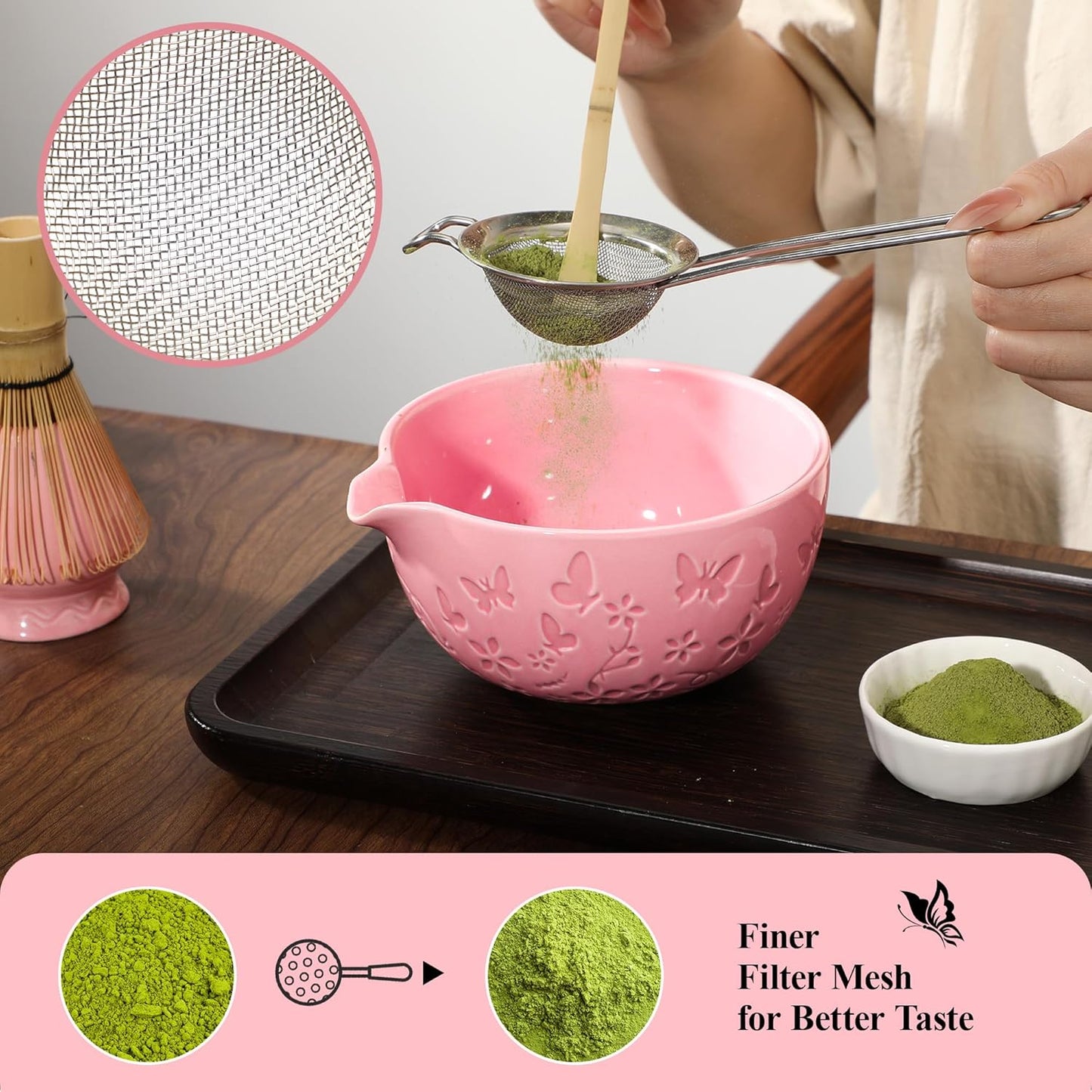 Matcha Whisk Set 7 PCS Matcha Bowl, Matcha Whisk and Holder, Bamboo Scoop and Scoop Rest, Stainless Sifter and Tea Towel Ceramic Matcha Set Japanese Matcha Kit for Matcha Lovers Pink