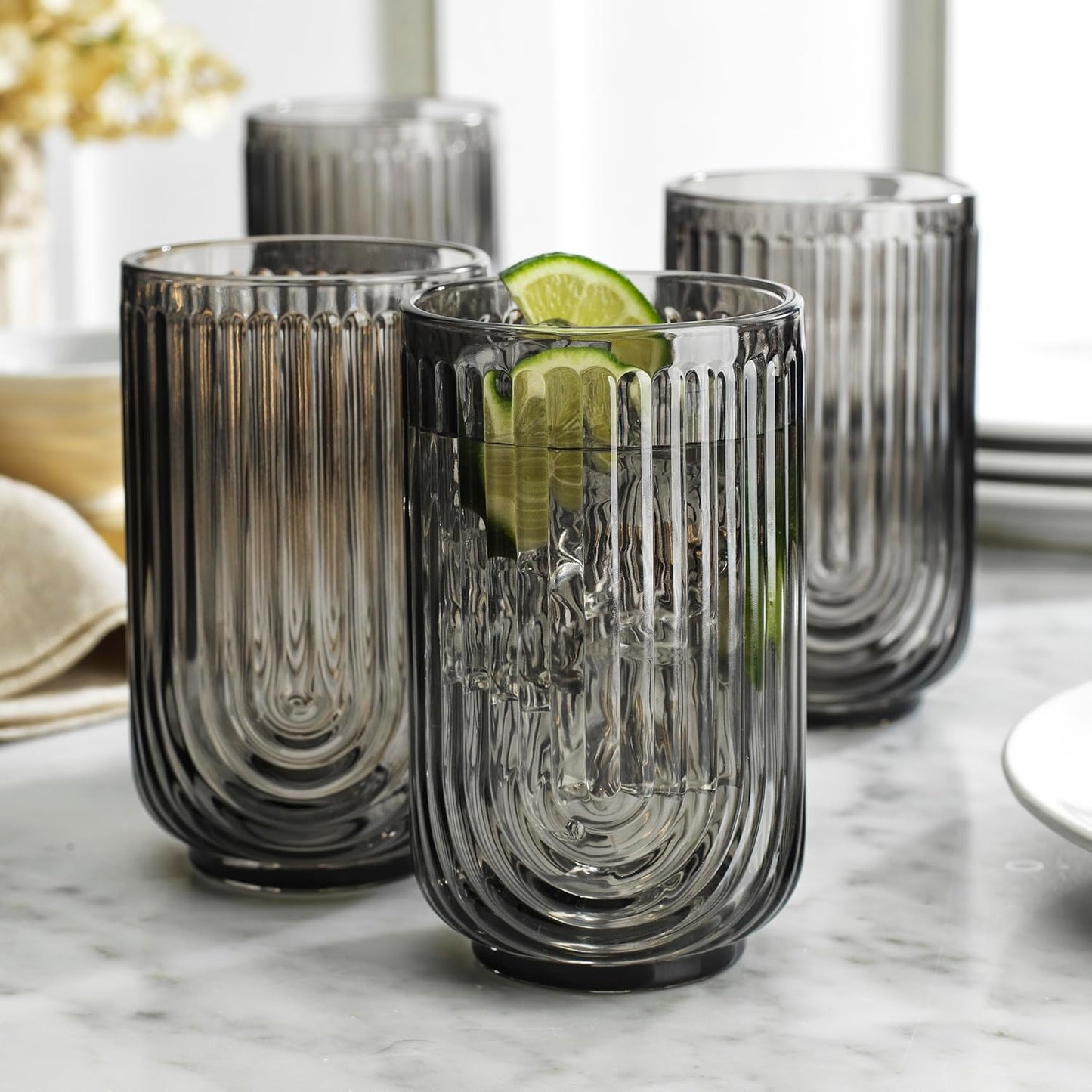 Vintage Glassware Art Deco Highball Glasses Set of 4 Smoke Ribbed Drinking Glasses 17 Oz Black U-Shape Arch Design Colored Cocktail Kitchen Tumblers