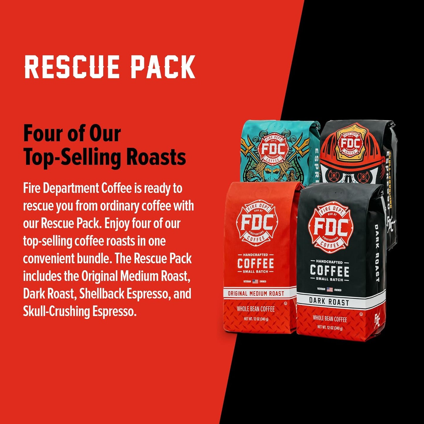 Fire Department Coffee - Gives Back to Firefighters - Rescue Variety Pack - Whole Bean Coffee - Medium, Dark, Shellback Espresso, & Skull Crushing Espresso Beans - Veteran Owned (12oz, Pack of 4)