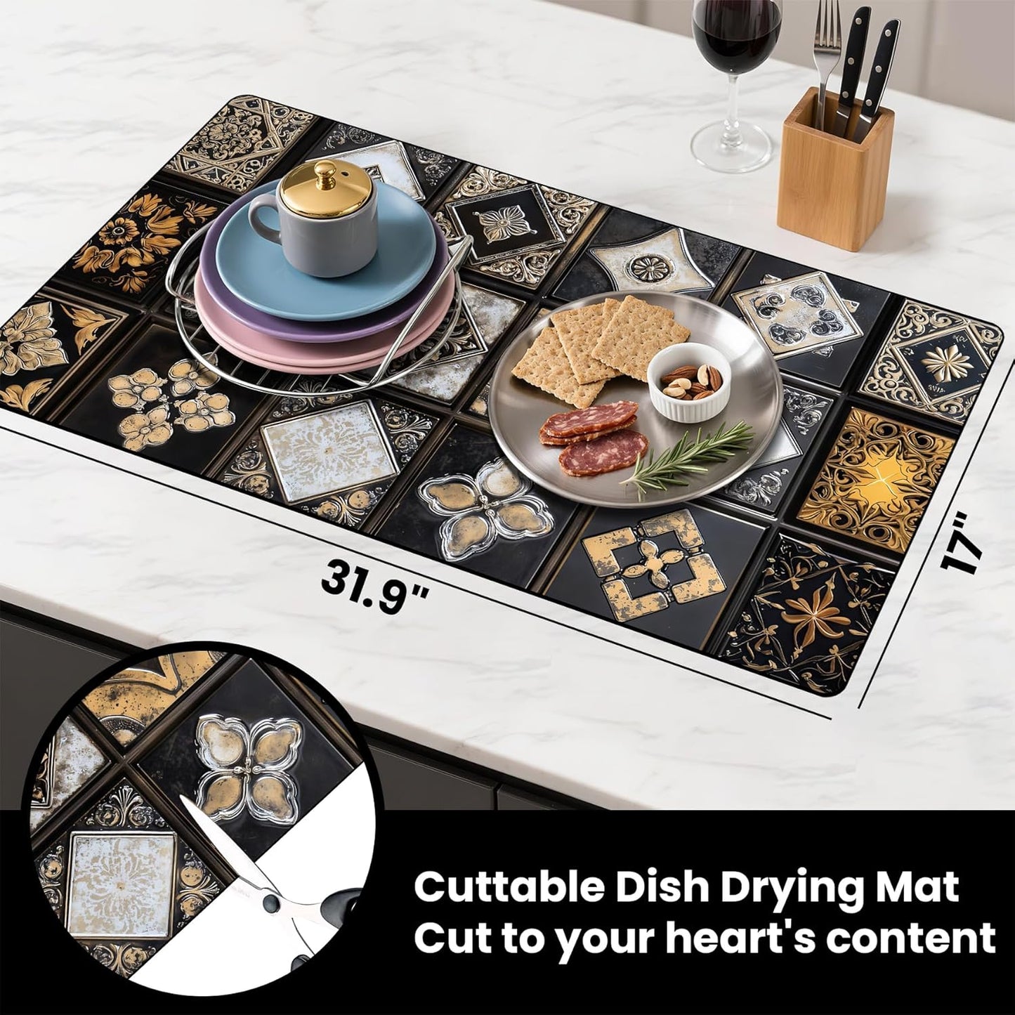 17"x 32" Coffee Bar Mat, Gingham Absorbent Dish Drying Mat Cuttable Hide Stain Draining Table Pad for Kitchen Counter, Coffee Bar Accessories