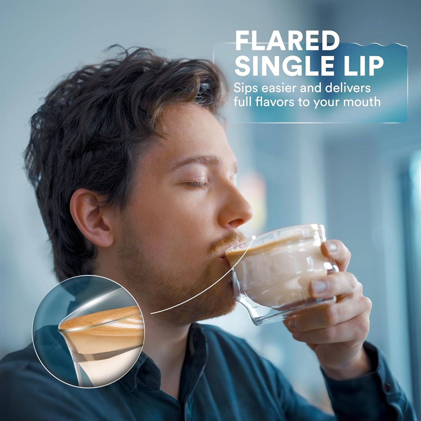 ovalware 8.5oz Double Wall Latte Cups, Latte Set of 2 - Latte Glasses for Cold & Hot Drink, Palm-Sized Cups with Wide Rim for Artistic Designs - Frost White