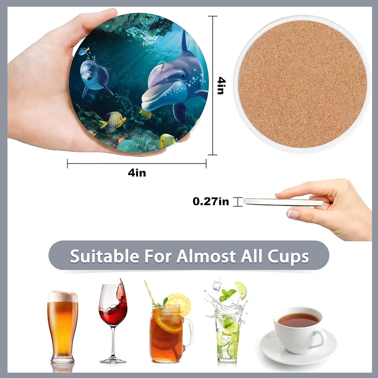 6 Pcs Coasters for Drinks with Holder,Underwater Fishes Sea Turtle Absorbent Coaster with Cork Backing,Great Gift for Housewarming,Room Decor,Bar,Holiday Party