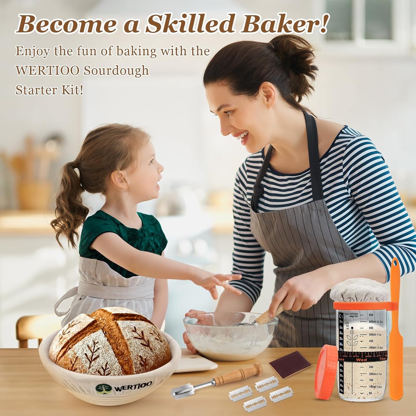 Sourdough Bread Baking Supplies, Sourdough Starter Kit, 9 Inch Round & 10 Inch Oval Banneton Bread Proofing Basket with 24 Oz Glass Jar, Sour Dough Tools with Danish Dough Whisk & Scraper