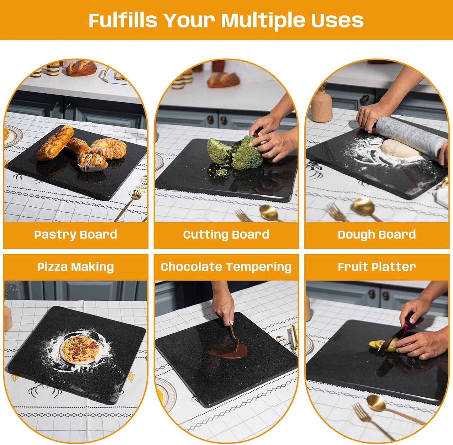 Granite Cutting Board, Marble Slab Pastry Board With Non-Slip Feet For Baking, Cheese, Charcuterie, Chocolate, 16x16 Inch, 1 Piece