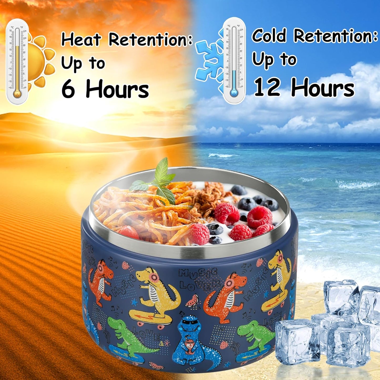 12oz Insulated Vacuum Food Jar with Buckle Lid Wide Mouth Soup Thermo for Hot Food Kids Leakproof Stainless Steel Lunch Container (Blue-Dinosaur)