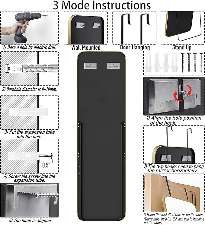 SCWF-GZ 57x16 Door Hanging Full Length Mirror, Floor Stand Wall Mounted Metal - Image 8