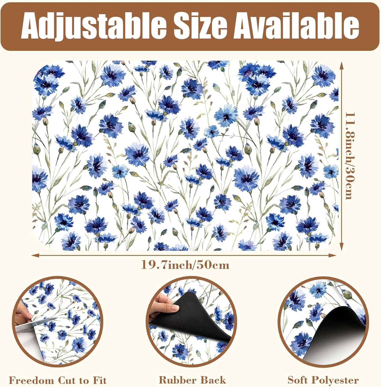 Watercolor Blue Cornflower Dish Drying Mat for Kitchen Counter Floral Coffee Bar Mat Hide Stain Absorbent Rubber Backed Drying Rack Pad Coffee Pot Espresso Machine Table Accessories 11.8 x 19.7 Inch