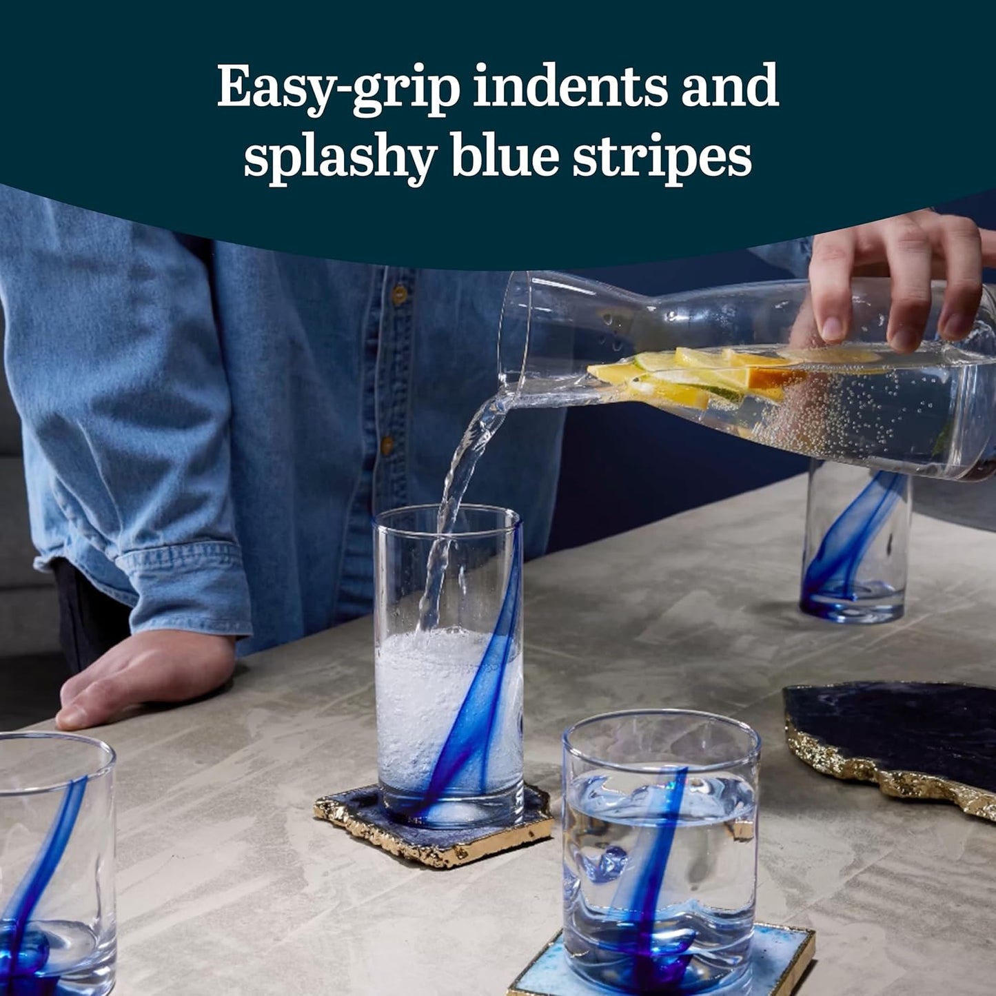 Libbey Tumbler and Rocks Glass Set, Infused Blue Ribbon Drinkware Glasses Set,, Artisan Inspired Four-Dimple Shaped Rock Glasses, Dishwasher Safe Tumbler Glasses Set