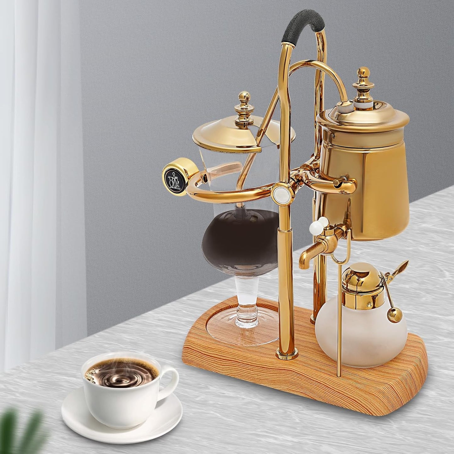 Belgian Luxury Royal Family Balance Syphon Coffee Maker Belgium Siphon Brewer Elegant Design Retro-Style Gravity Vintage Coffee Maker Vacuum Brewing System Copper (Gold)