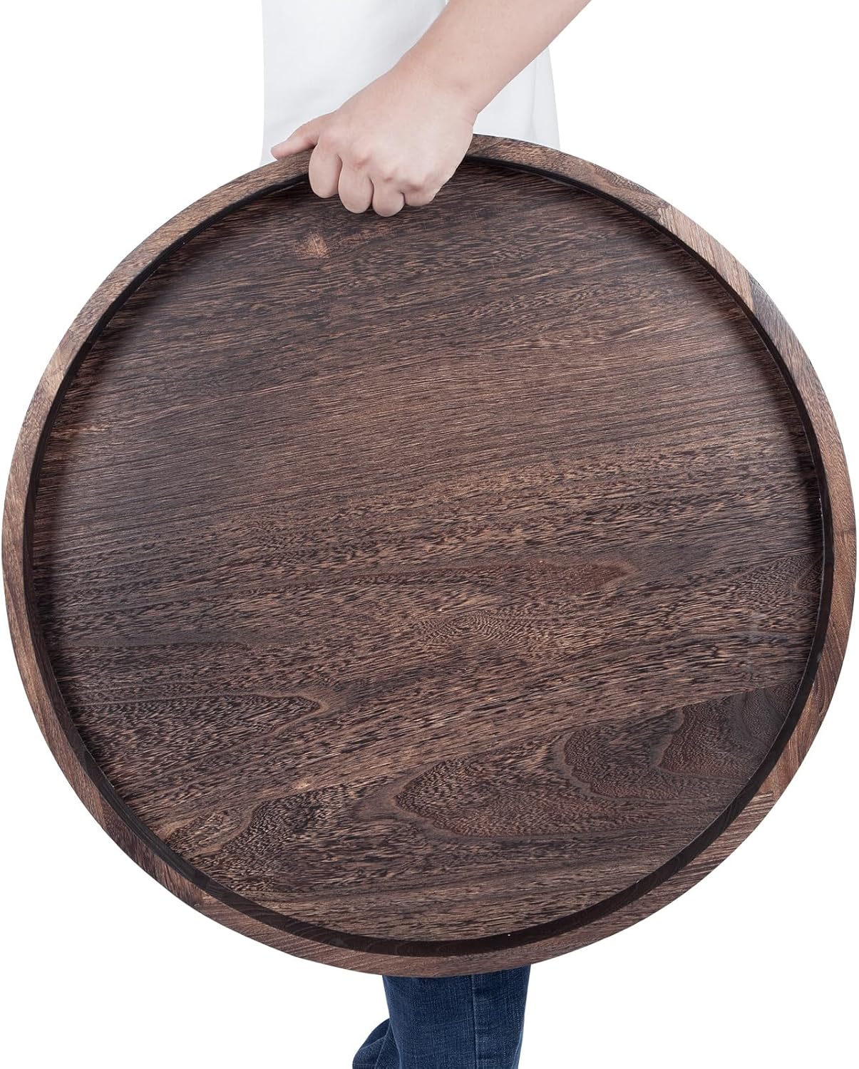 Round Ottoman Tray for Coffee Table Living Room Wood Serving Tray Large Wooden 24 Inches Rustic Brown