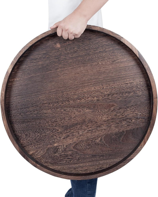 Round Ottoman Tray for Coffee Table Living Room Wood Serving Tray Large Wooden 24 Inches Rustic Brown