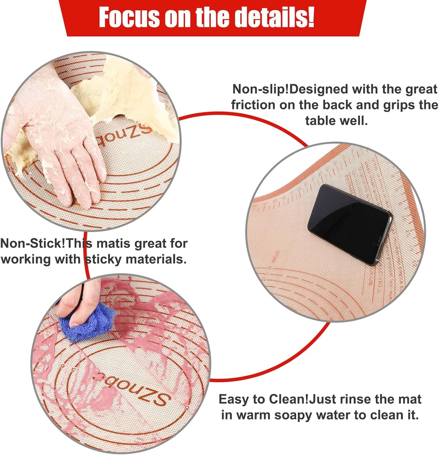 Silicone Baking Mat 36x24 Inch Nonstick Pastry Mat Perfect for Dough Mat, Pastry Board, Kitchen Counter Mat - For Dough, Pastry, Pie Crust, Fondant, Cookies, Bread, Pasta/Pizza, Red