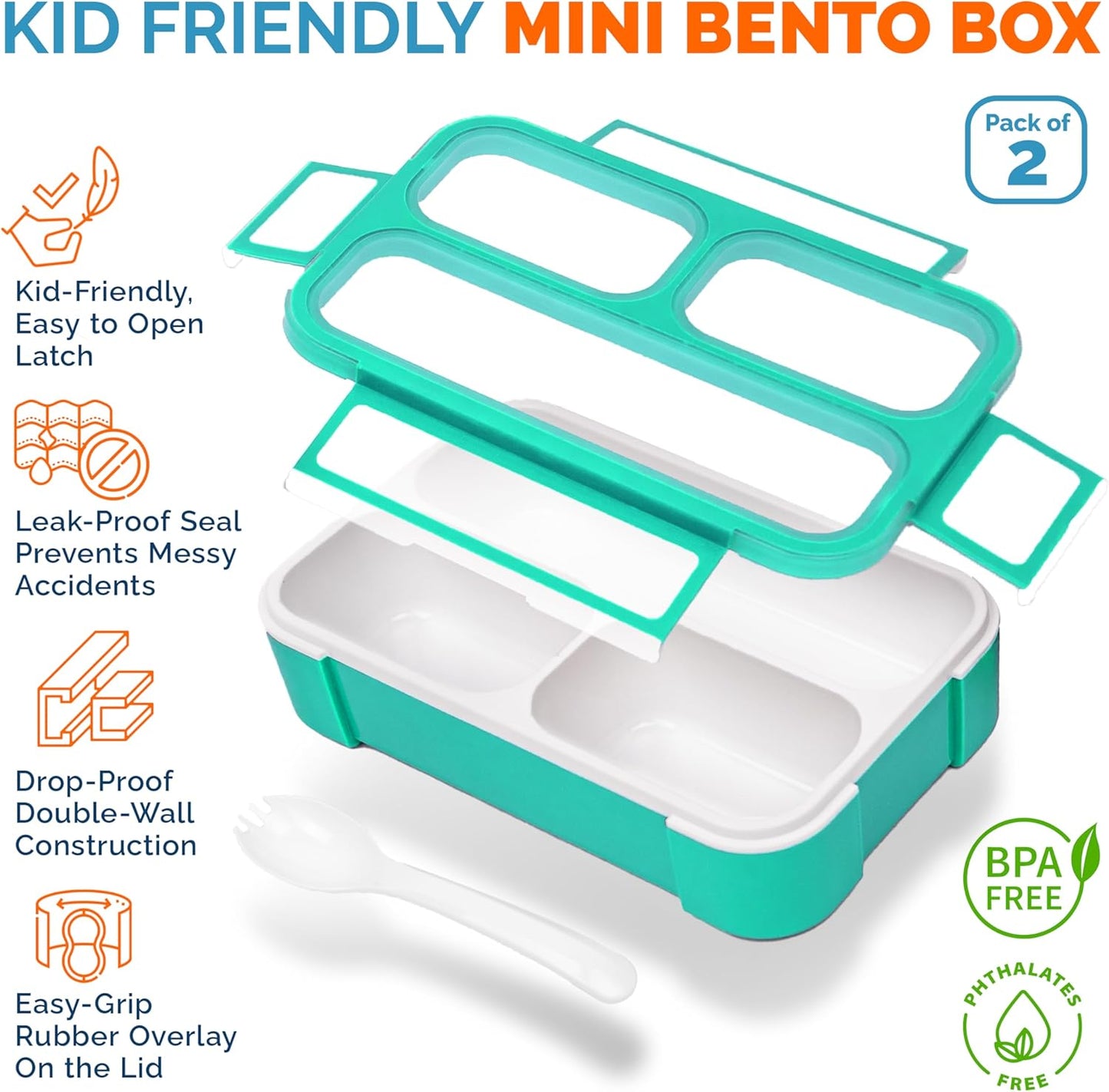 MINI Lunch-Box Snack Containers for Kids | SMALL Bento-Box Portion Container | Leak-proof Boxes for School Work Travel | Best for Adults Boys or Girls | Blue + Orange Set of 2