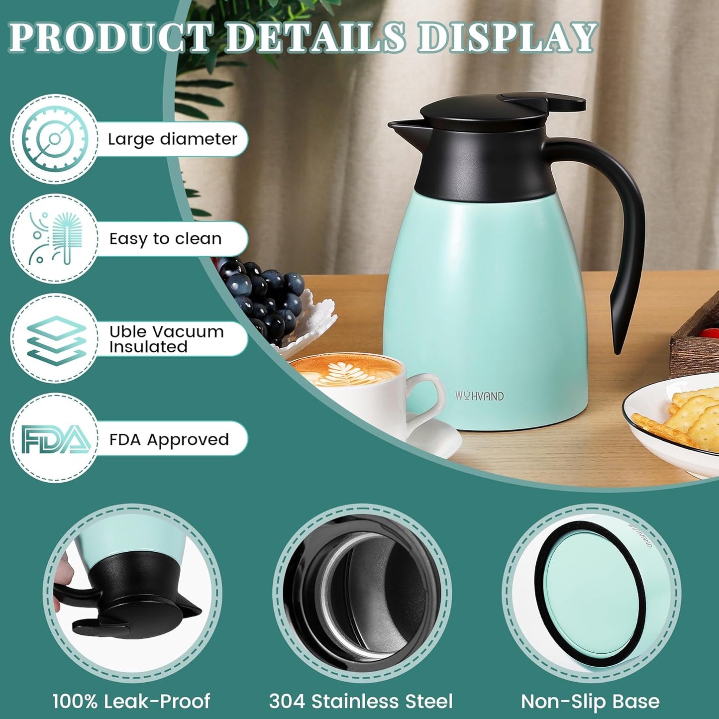 34 Oz Thermal Coffee Carafe, Stainless Steel Insulated Vacuum coffee crafts to keep coffee hot, 1 Liter Tea Water Coffee and Beverage Dispenser (Blue)