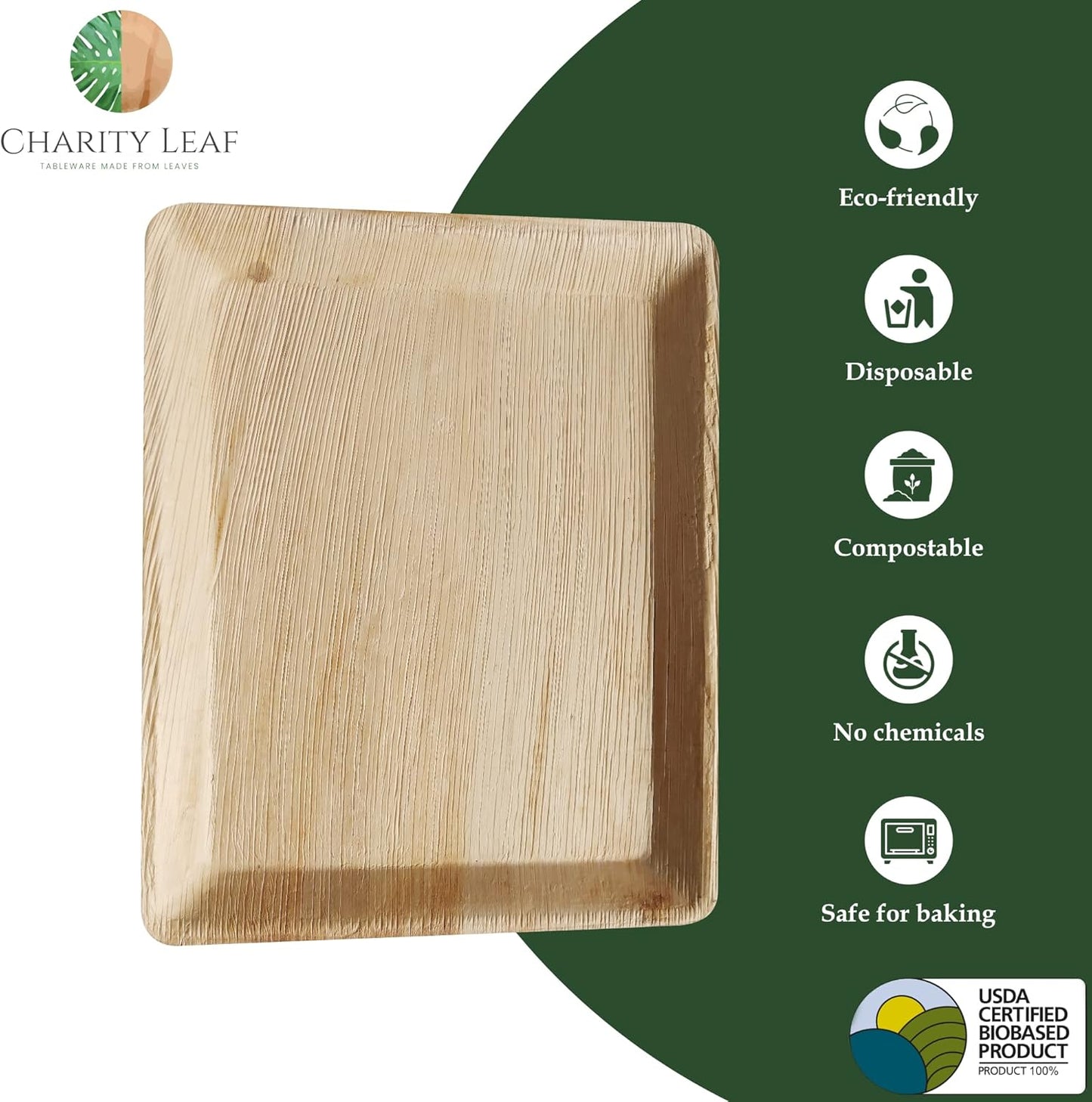Charity Leaf Disposable Palm Leaf 12" x 10" Trays (100 pieces) Bamboo Like Serving Platters, Disposable Boards, Eco-Friendly Dinnerware For Weddings, Catering, Events