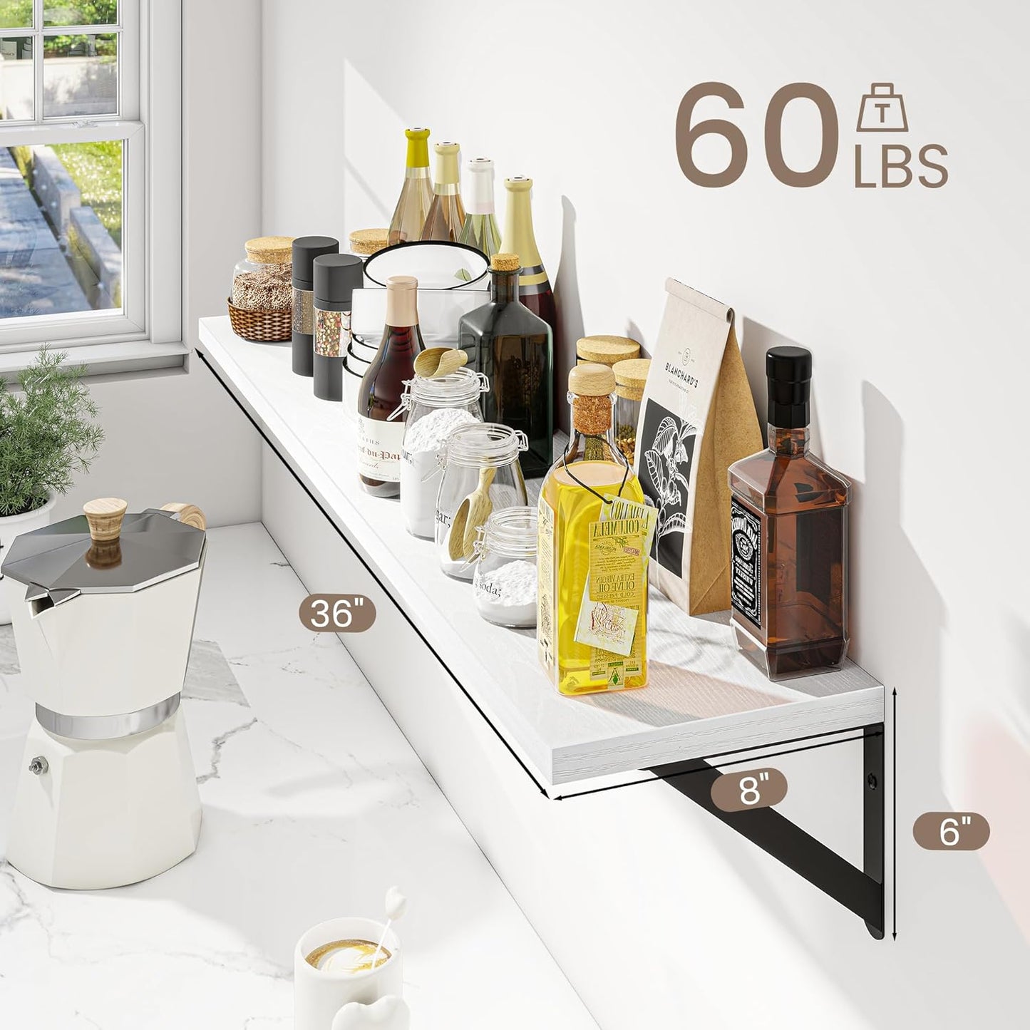 Dreamland White Floating Shelf 36 inch, 36W x 8D Wall Mounted Shelves Set of 2, Wide Display Ledge Shelf with Sturdy Metal Brackets for Living Room, Bathroom, Bedroom and Kitchen