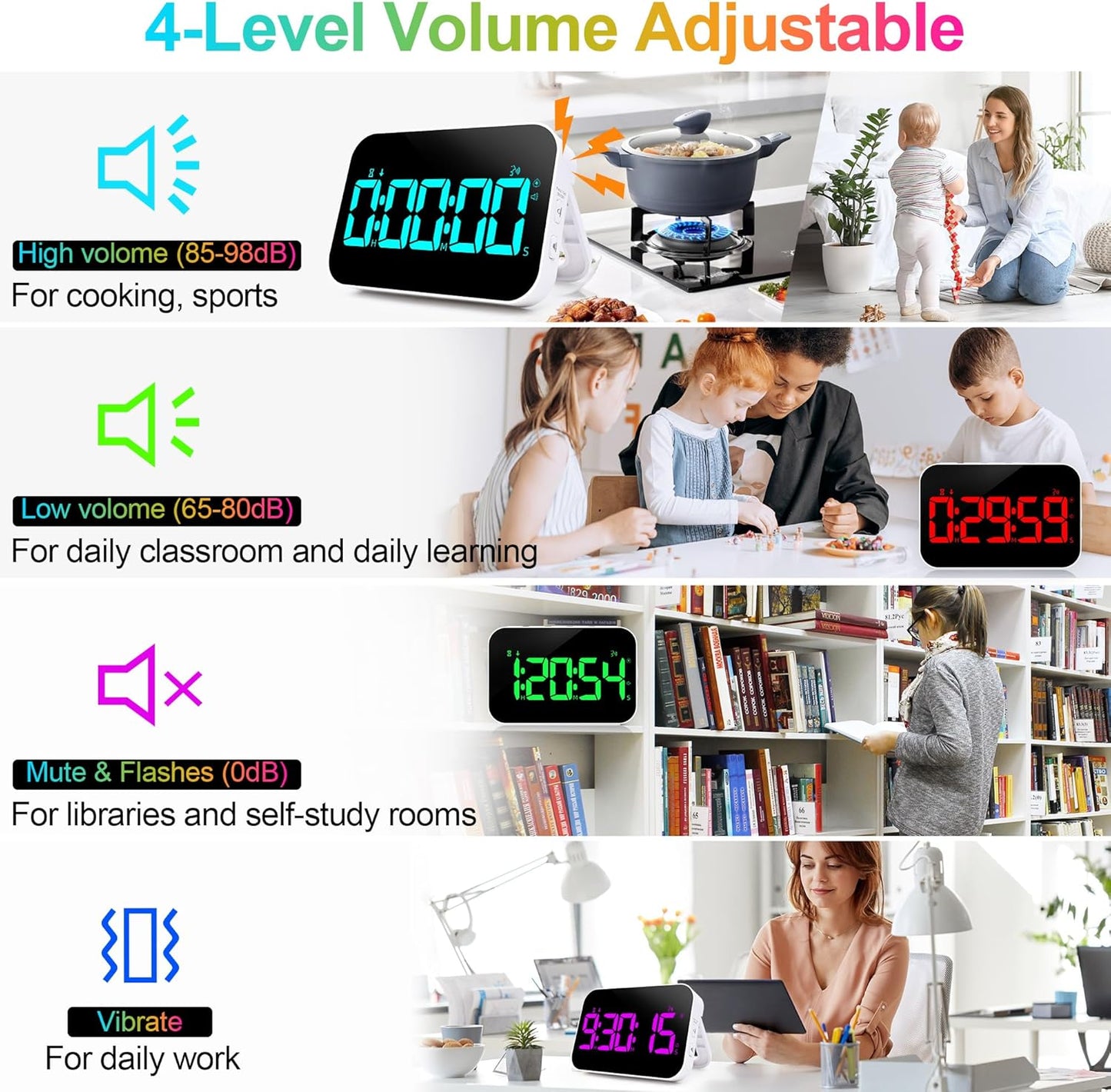 Kitchen Timer for Cooking, 10 RGB Color Rechargeable Digital Magnetic KidsTimer with Voice Reminder, Countdown/Up, 5”LED Display 3 Brightness 4 Volume Adjustable for Kids Classroom Home Gym-RGB