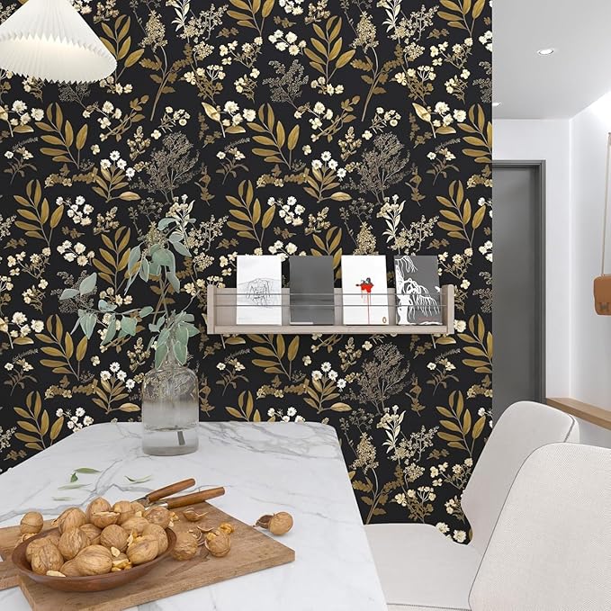Laatse Vintage Wallpaper Peel and Stick Black Floral Wallpaper 17.5'' x 393'' - Image 6