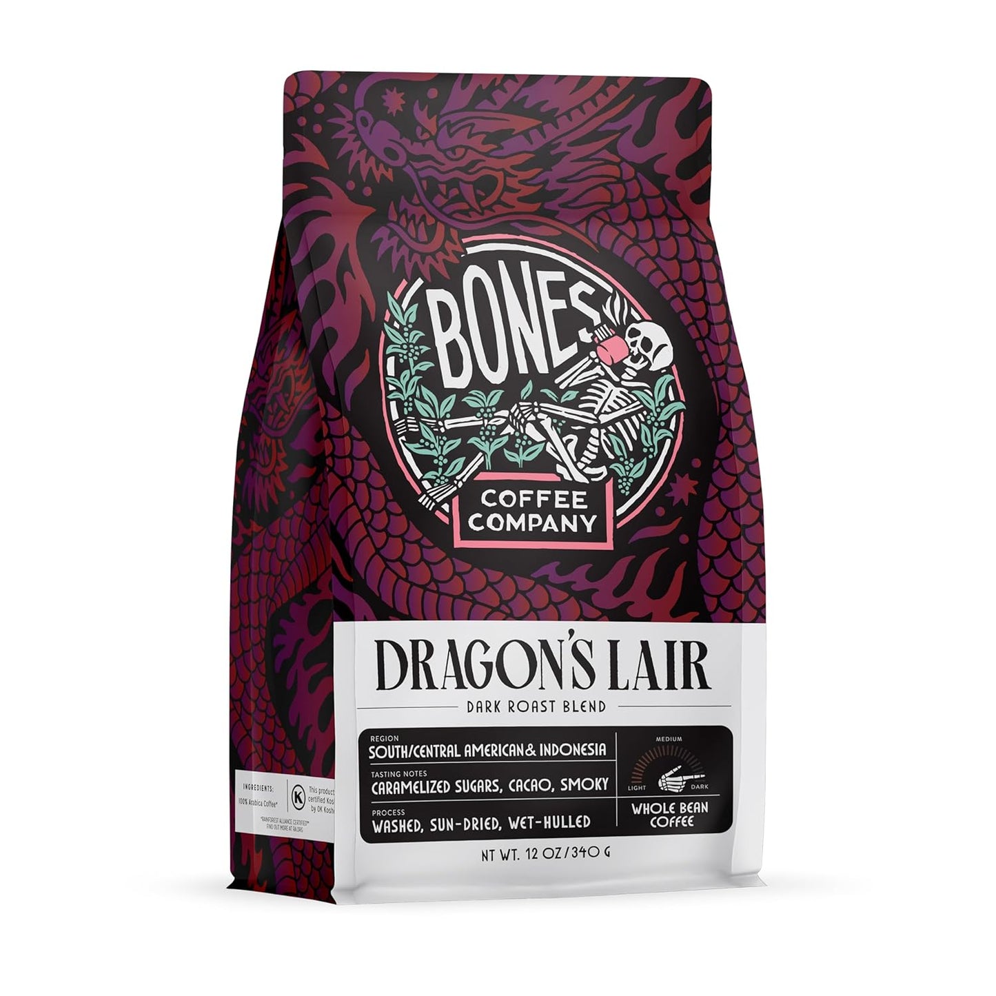 Bones Coffee Company Dragon's Lair, Smokey, Cacao and Caramelized Sugar Notes, Unflavored Coffee, Medium Roast Low Acid Arabica Beans Compatible with Auto drip and French Press Coffee Maker, 12 Oz Whole Bean